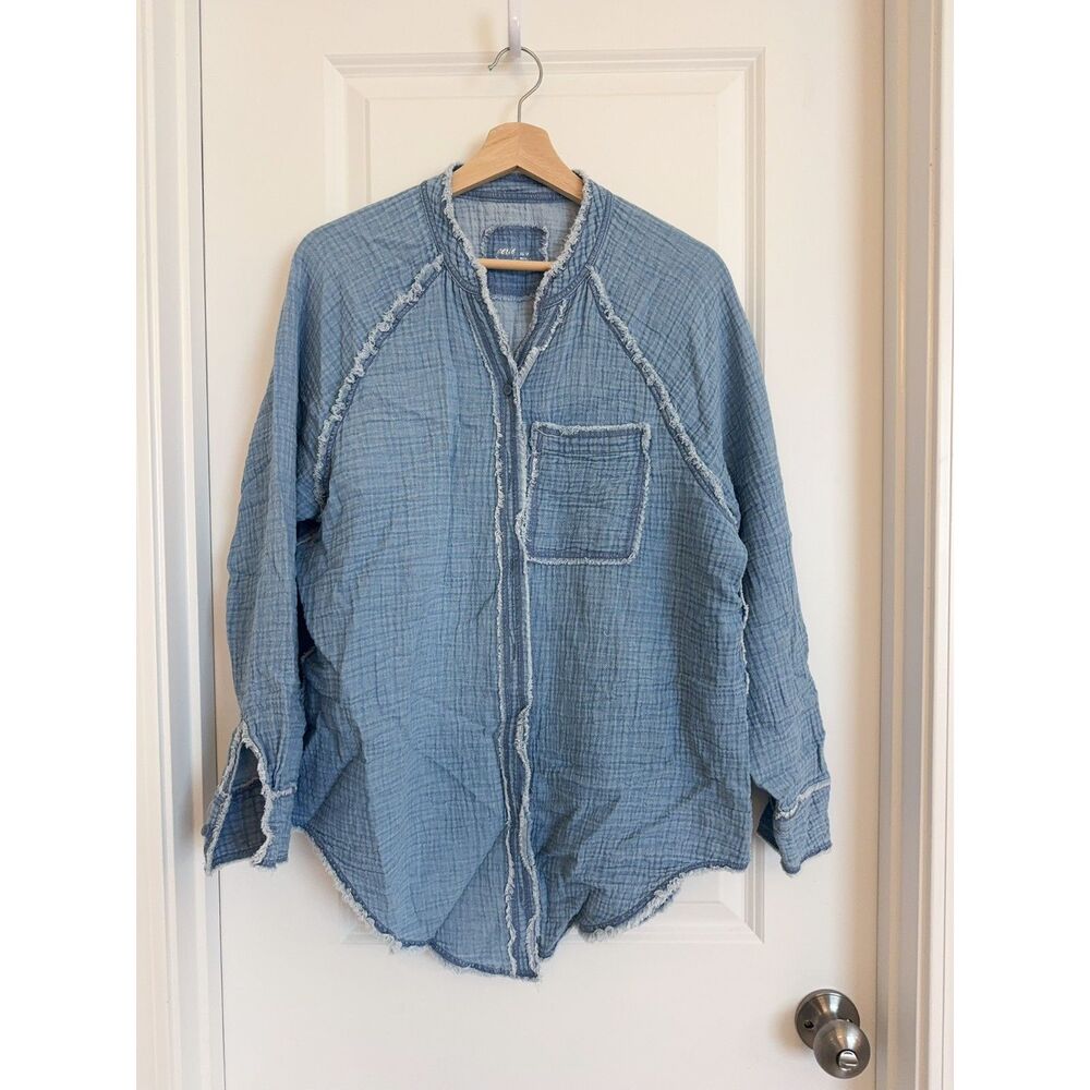 Aerie Blue Textured Raw Edge Oversized Button Down Shirt Size XS